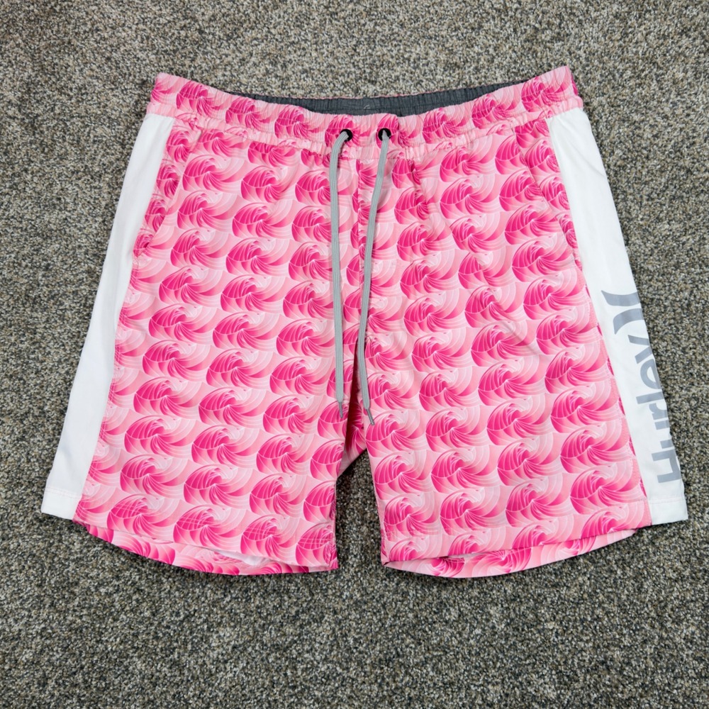 Hurley Mens Swim Trunks Pink White Swirl Board Shorts Size Large Drawstring Logo